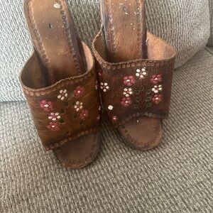 Brown and Pink Floral Leather Mules